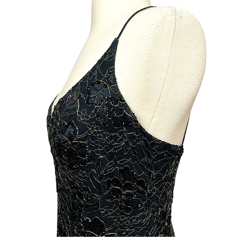 Carmen Marc Valvo Vintage 90s Black Gold Lace Beaded Mini Dress Sheath 10 Med - Picture 9 of 16